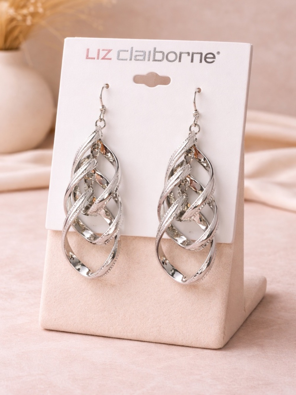 Liz Claiborne Silver Twisted Link Drop Earrings